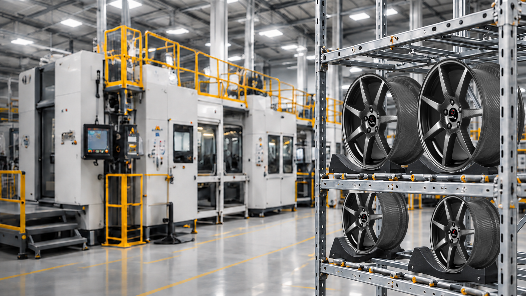 Industrial production equipment and racks of C-INERTIA carbon wheels