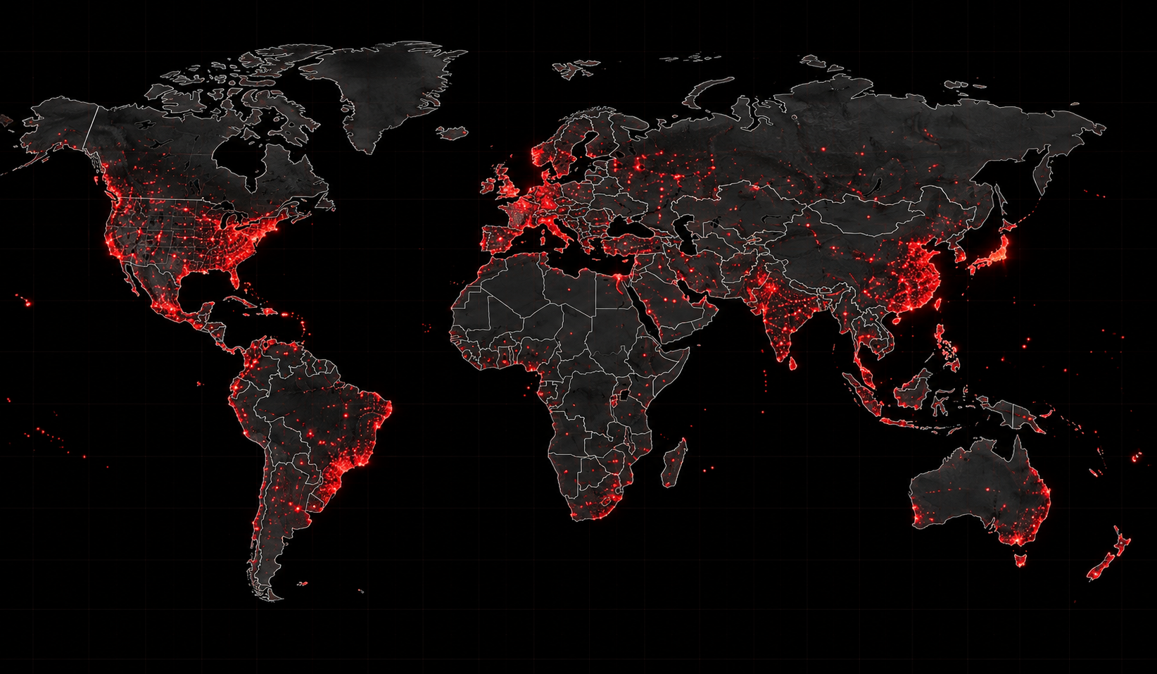 World map with red points representing global markets