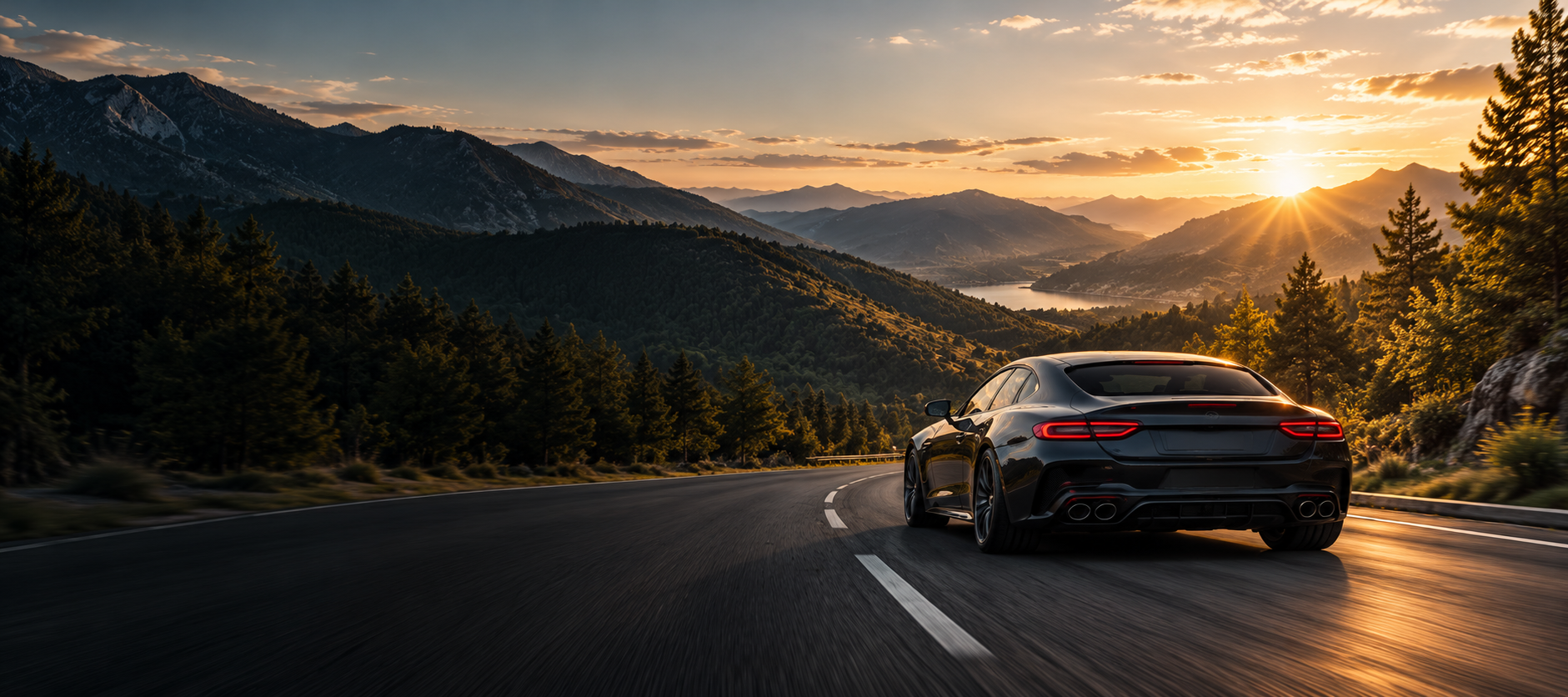 Sports coupe driving along a mountain road at sunset, viewed from behind