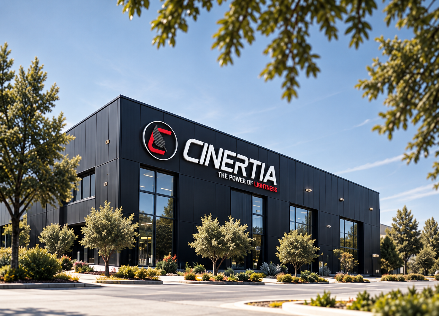 Modern building with the CINERTIA name and logo on its facade