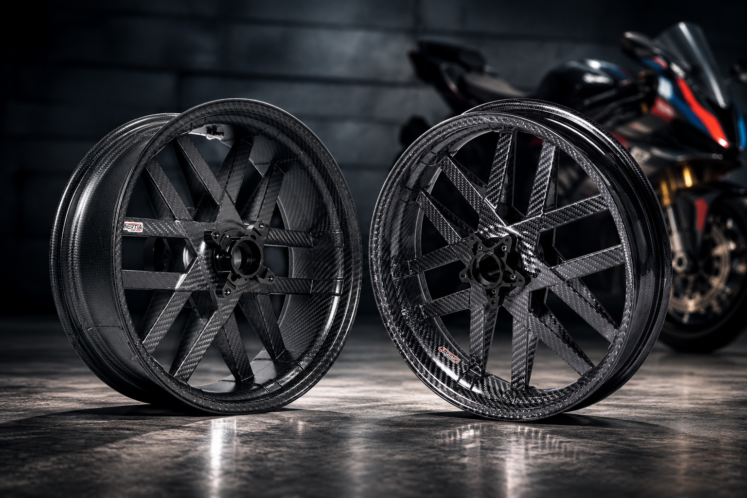 A pair of COMET carbon wheels in front of a motorcycle