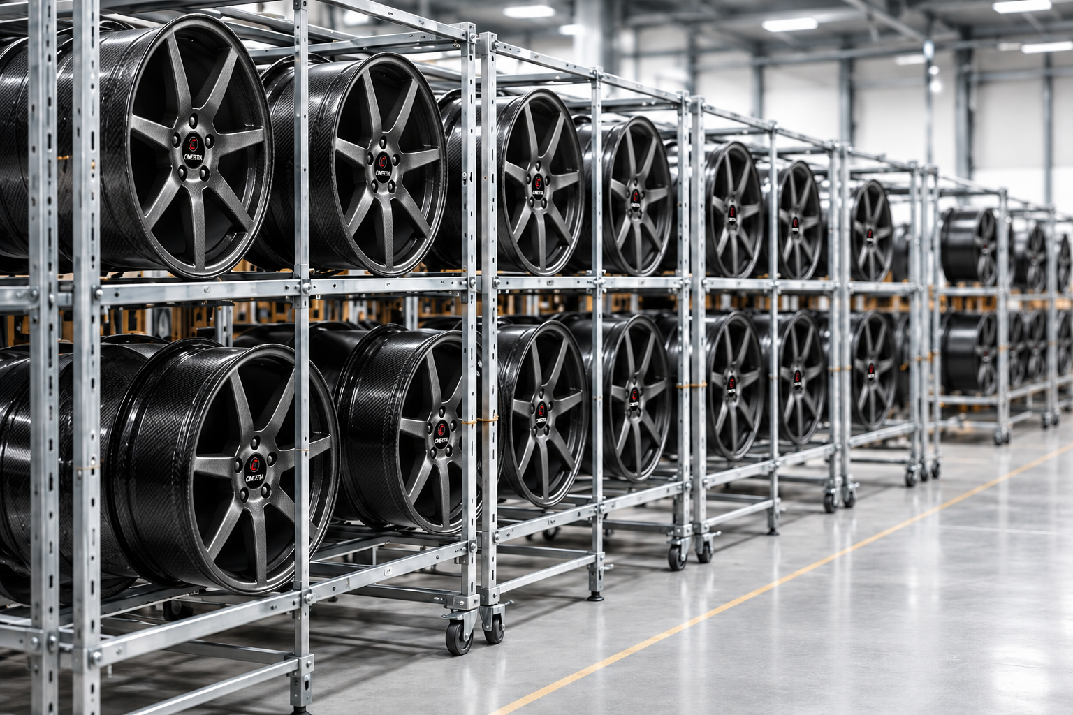 C-INERTIA C3 carbon wheels on storage racks in a production facility
