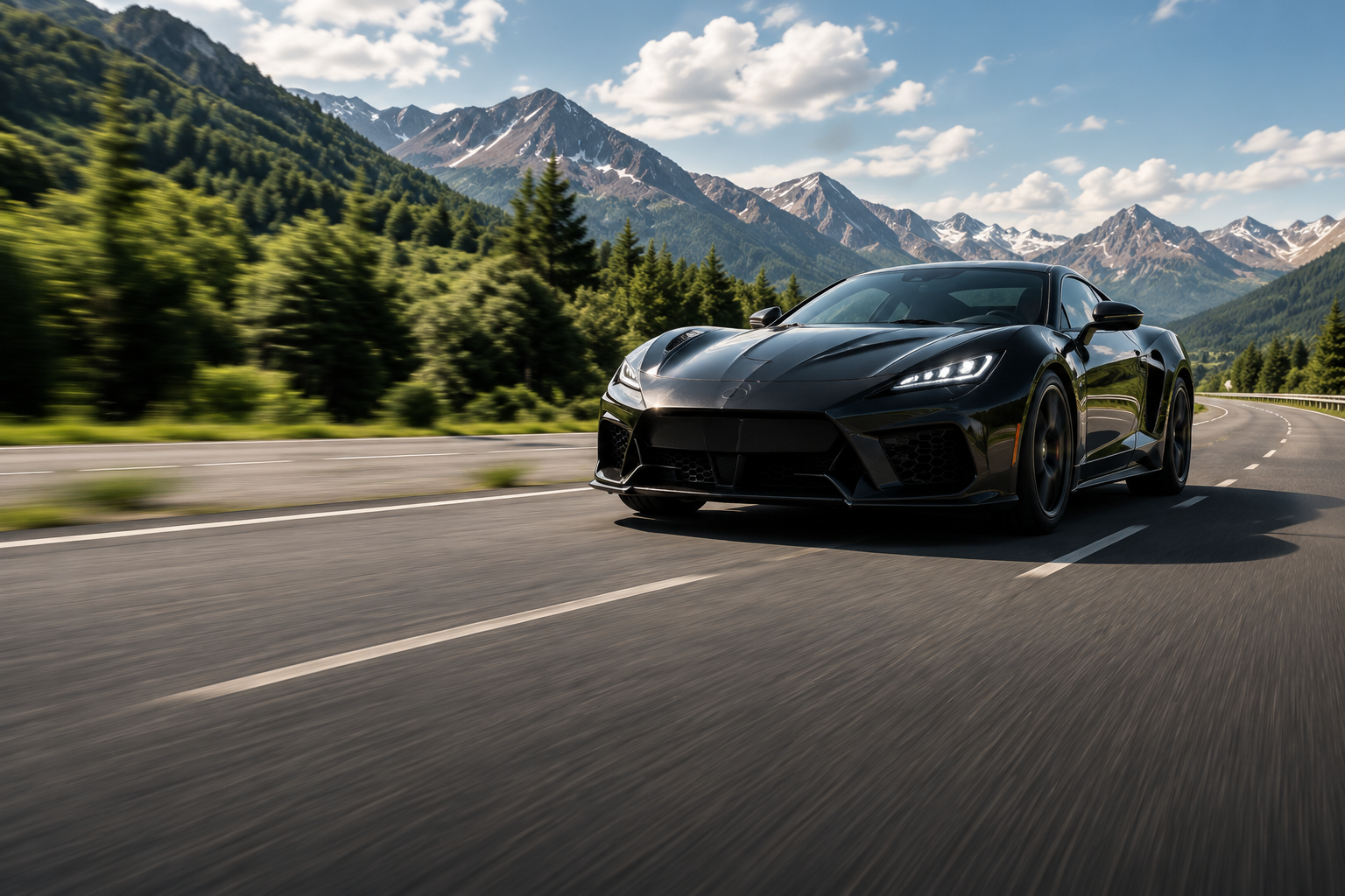 Sports car driving along a mountain road